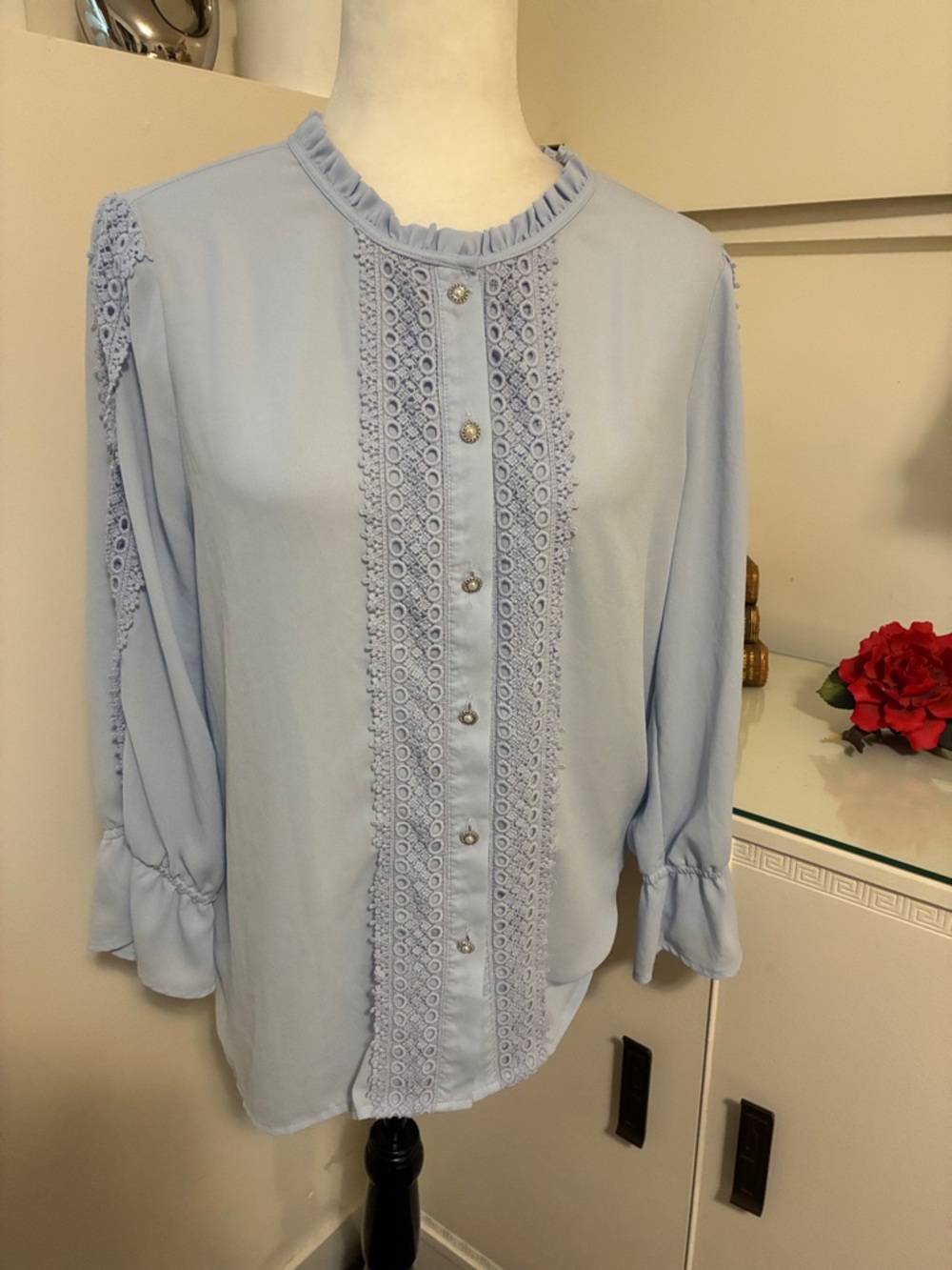 Karl Lagerfeld Light Blue Lace-Trim Button-Front Blouse Size M